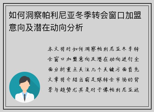 如何洞察帕利尼亚冬季转会窗口加盟意向及潜在动向分析